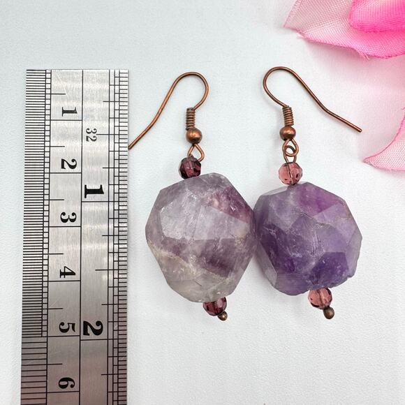 Raw Amethyst Nugget Dangle Earrings Copper Tone Ear Wire Tested 16.95 Grams Big - Picture 5 of 8